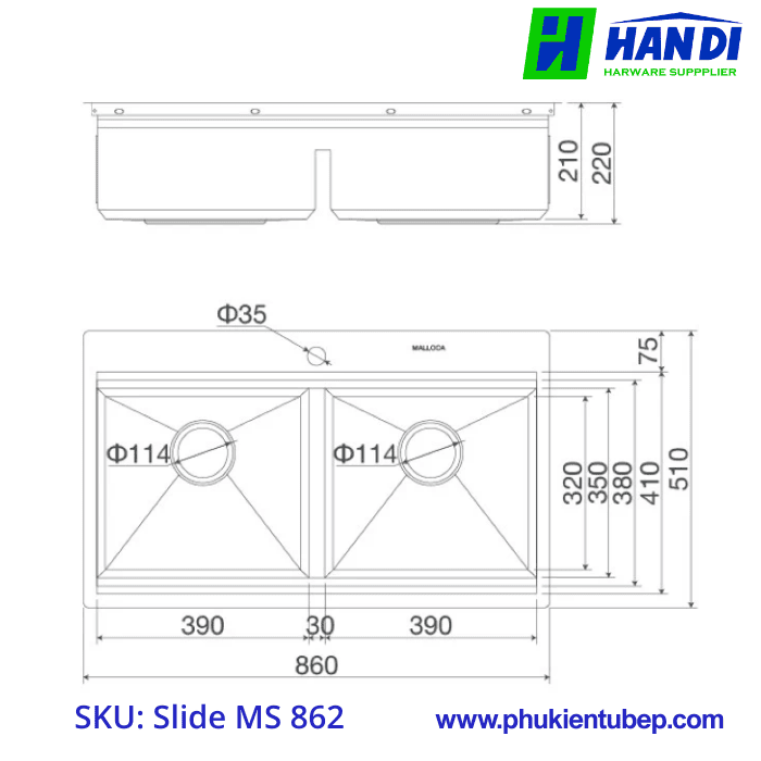 Chậu rửa chén 2 hố inox 304 MALLOCA Slide MS 862