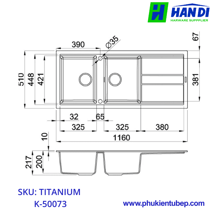 Chậu rửa chén đá MALLOCA TITANIUM K-50073