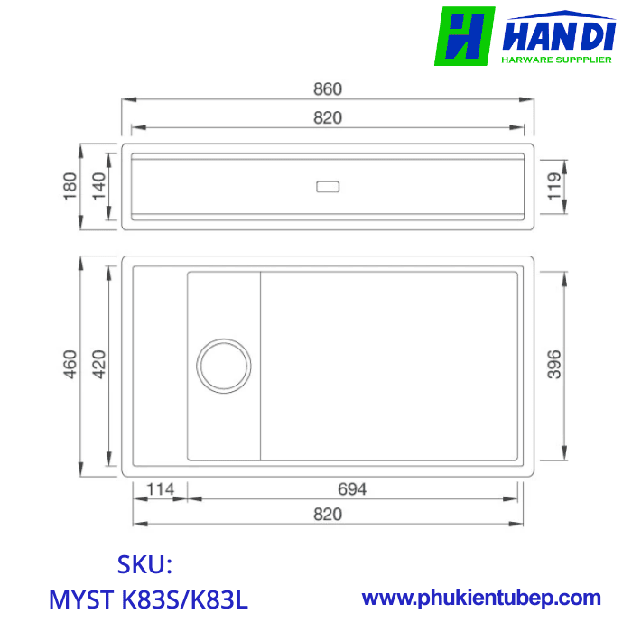 Chậu rửa chén đá MALLOCA MYST K83S, MYST K83L