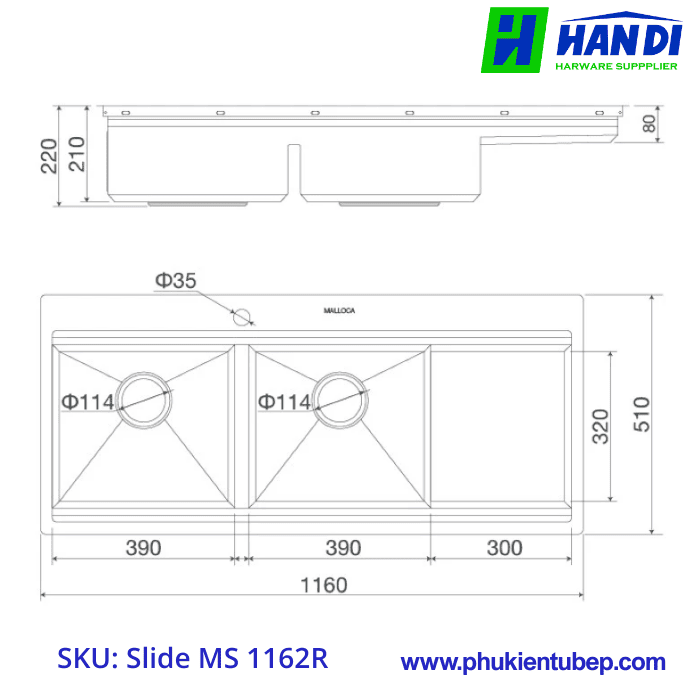 Chậu rửa chén 2 hố inox 304 MALLOCA Slide MS 1162R
