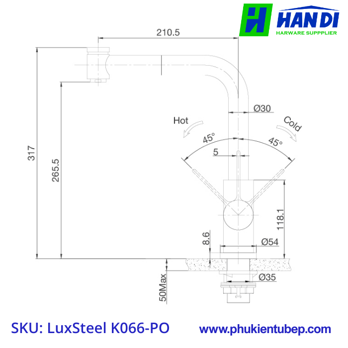 Vòi rửa chén nóng lạnh MALLOCA LuxSteel K066-PO