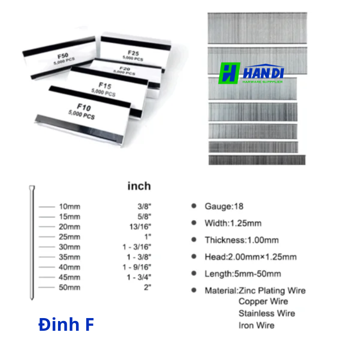 Đinh F15–F50 đinh thẳng dùng cho súng bắn đinh