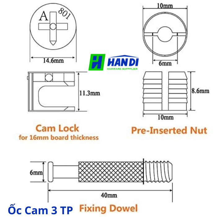 Bộ ốc cam liên kết 3 thành phần