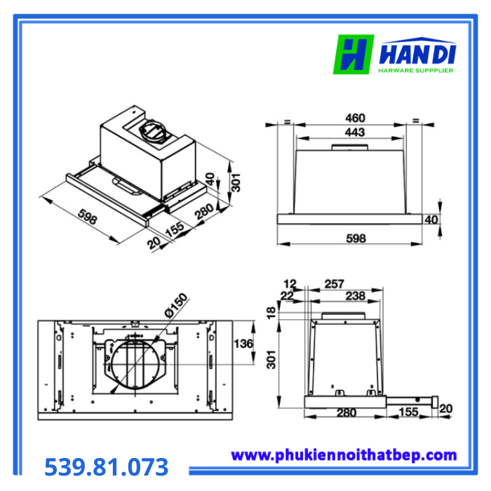 Máy hút mùi âm tủ HH-TG60E 539.81.073