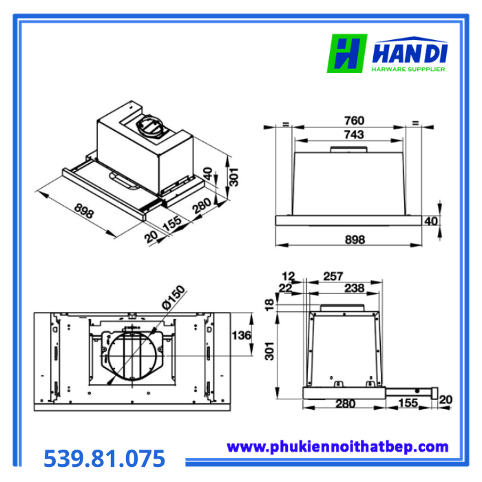 Máy hút mùi âm tủ HH-TG90E 539.81.075