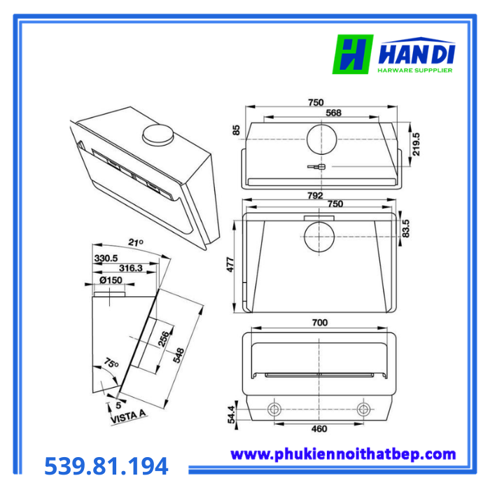 Máy hút mùi gắn tường HH-WVG80D 539.81.194