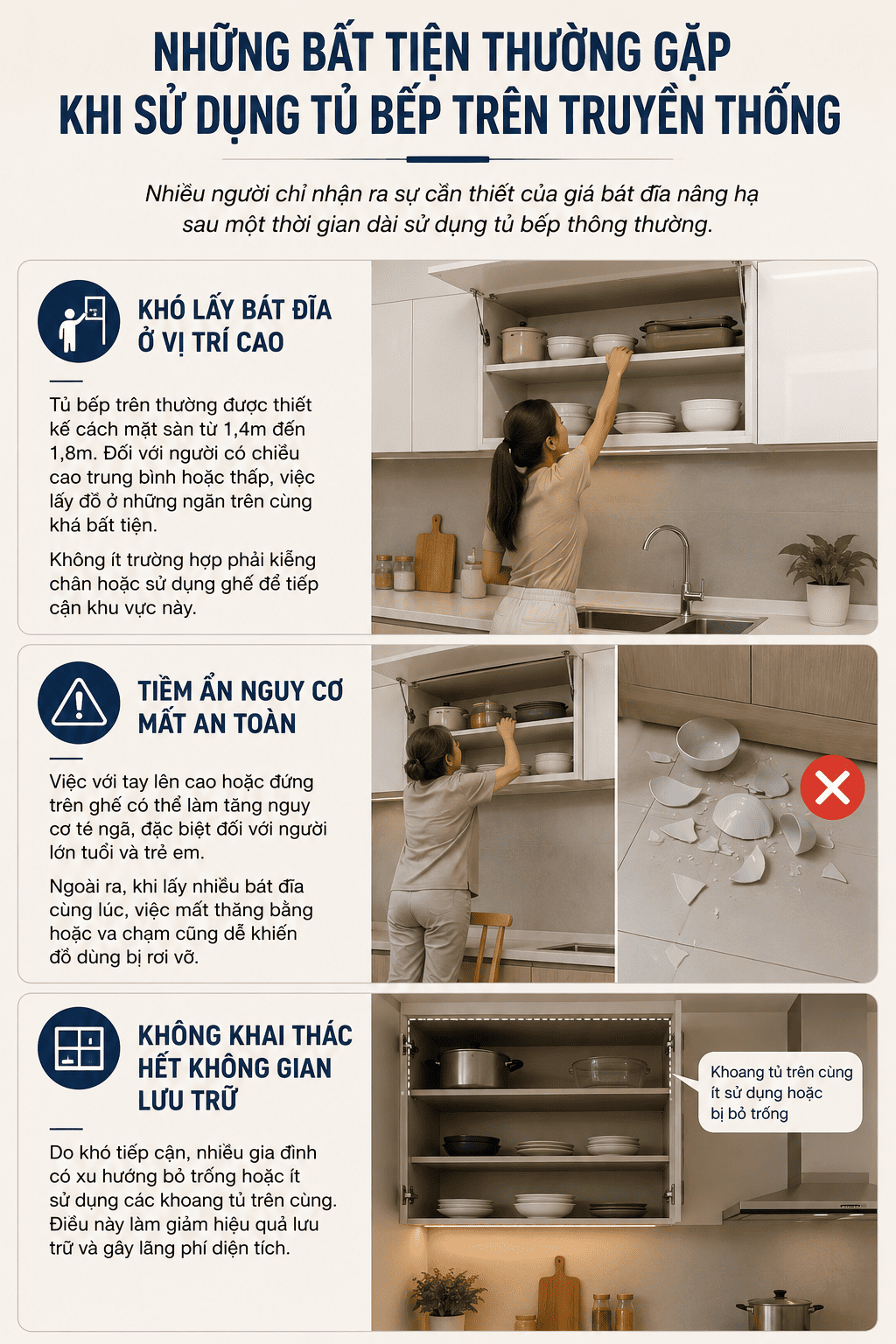Khó khăn khi lấy bát đĩa từ tủ bếp trên truyền thống