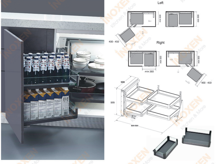 Tìm hiểu về mâm xoay góc chữ L và góc chữ U cho tủ bếp dưới.