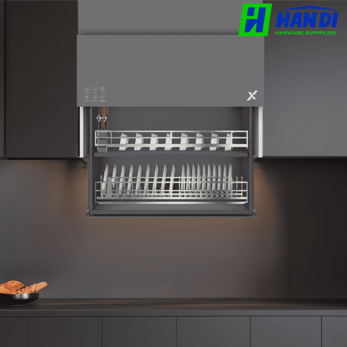 Giá bát đĩa nâng hạ lắp đặt trong tủ bếp hiện đại