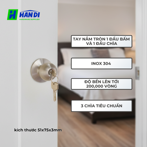 Tay nắm tròn IMUNDEX 704.13.476 Bấm 1 Chìa, Khóa phòng dành cho phòng ngủ