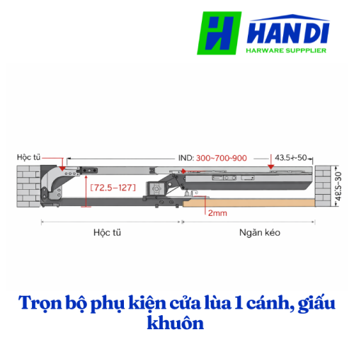 Trọn bộ phụ kiện cửa lùa 1 cánh, giấu khuôn